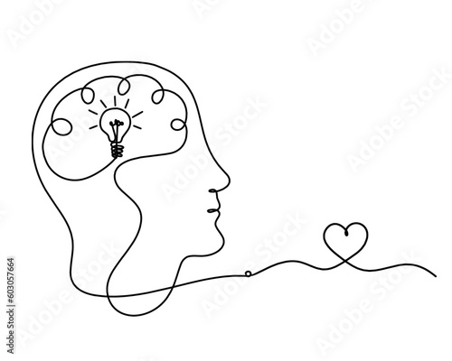 Man silhouette brain and heart as line drawing on white background