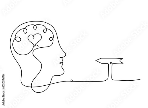 Man silhouette brain and direction as line drawing on white background photo