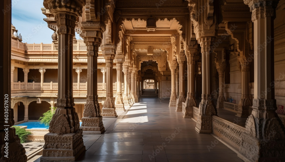 Ancient sandstone arches adorn Hindu temple courtyard generated by AI
