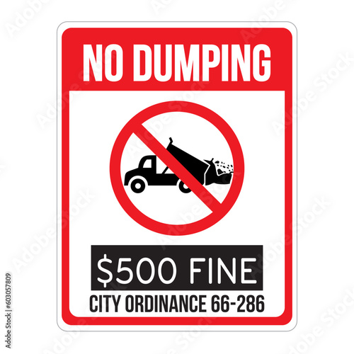 No dumping allowed. Prohibition sign with silhouette of a dump truck unloading waste. Eps 10 vector illustration.