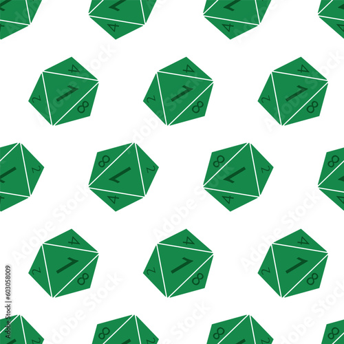 Seamless pattern with D8 dices. Polyhedral dices for rpg tabletop games. Green objects isolated on white background. Vector illustration for print, tee, packaging