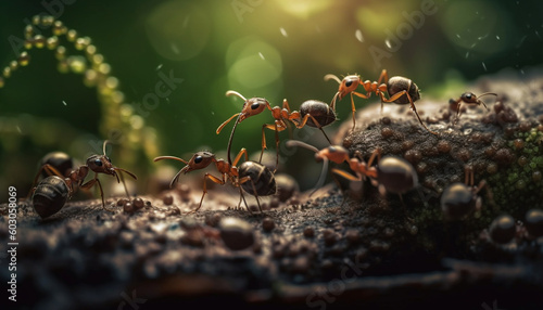 Fire ants working together on green leaf generated by AI © Jeronimo Ramos