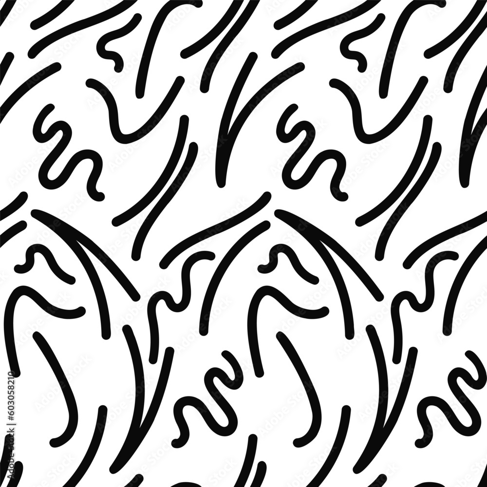 Squiggle seamless pattern with black lines. Childish doodle print with simple shapes. Fun abstract scribble background. Vector illustration for textile, packaging Squiggle seamless pattern with black lines. Childish doodle print with simple shapes. Fun abstract scribble background. Vector illustration for textile, packaging