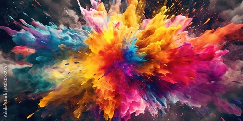 Explosion of colored powder on black background. Abstract colored background. Colorful explode. Colorful rainbow holi paint splash, generative ai