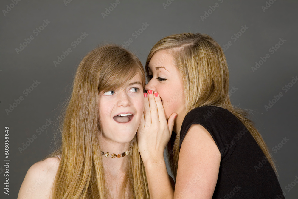 Teenage girls telling secrets posed in front of a gray background Teenage girls telling secrets posed in front of a gray background