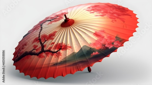 A chinese umbrella with decorated nature mountain and flower tree landscape isolated on white. Generative AI technology.