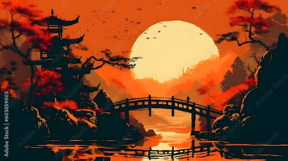 Illustration of Chinese or Japanese nature landscape sunset with mountain and river background, red, orange and black artistic art, good for canvas print. Generative AI technology.