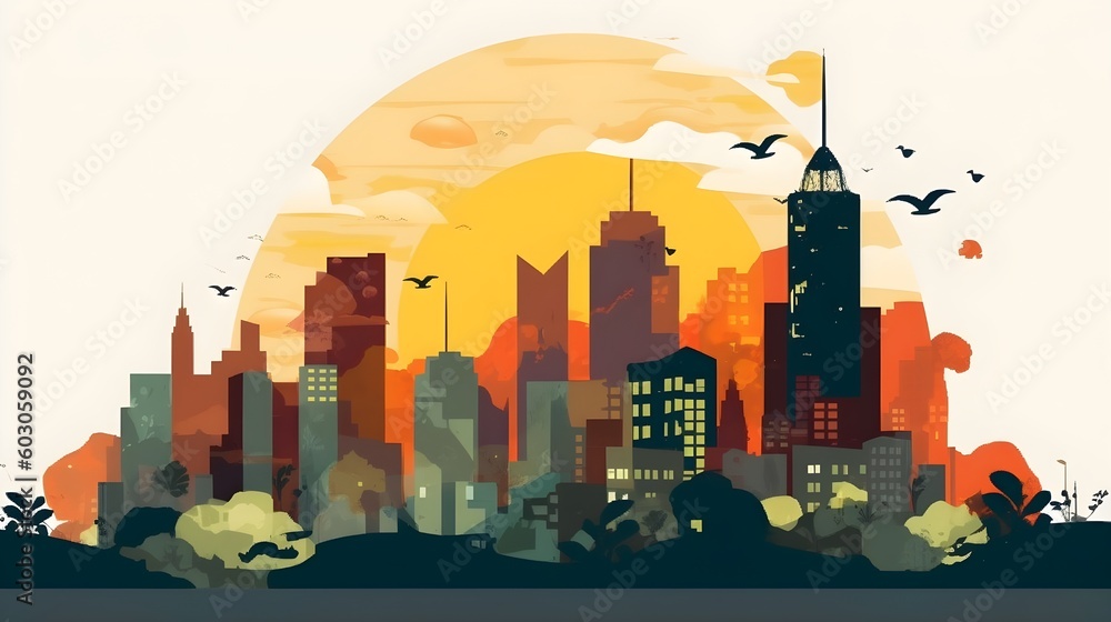Illustration of city silhouette, lot of high rise building day sunrise background colorful abstract sky artistic. Generative AI technology. Illustration of city silhouette, lot of high rise building day sunrise background colorful abstract sky artistic. Generative AI technology.