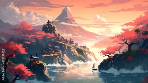 Illustration of Chinese or Japanese temple at the cliff with mountain and river background, red, pink, white and black artistic art, good for canvas print. Generative AI technology.
