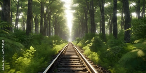 Forest trees along a railroad on an summer afternoon. Train tracks travel concept landscape background. Generative AI © Jing
