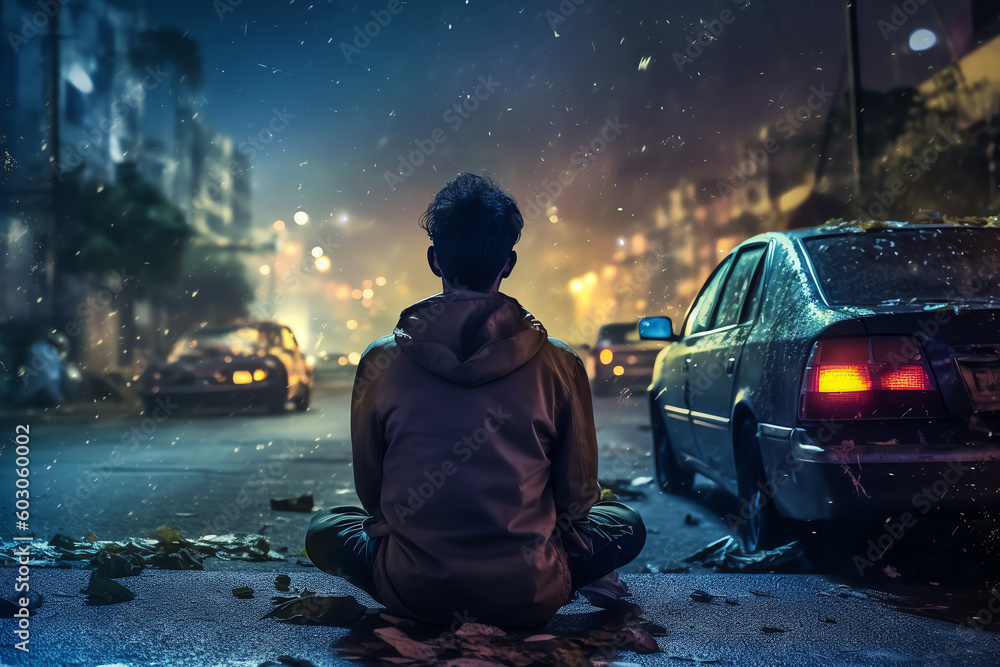 young man sits in the road after damaged his car. generative AI