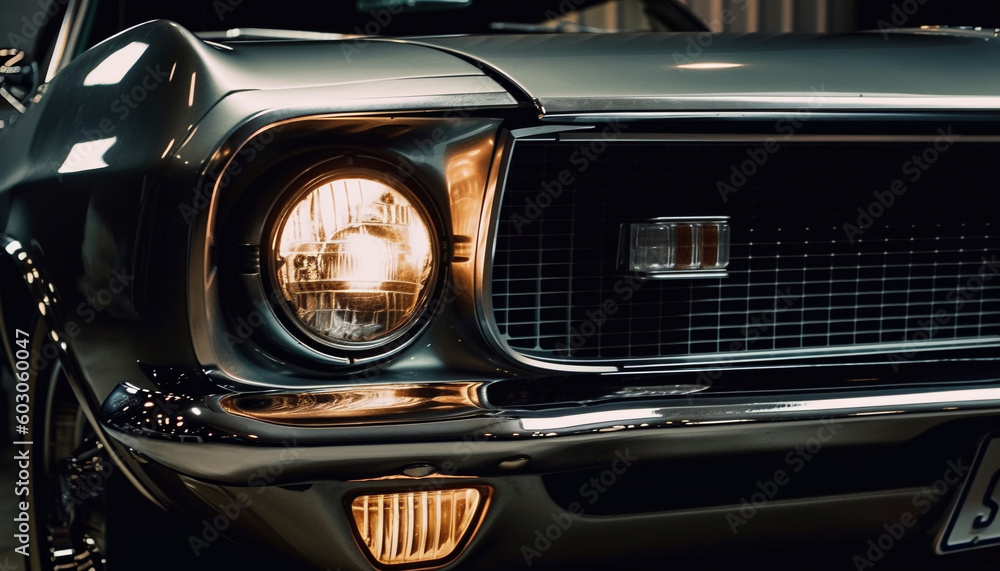 Shiny chrome vintage car bumper reflects modern lighting generated by AI