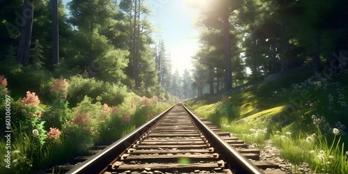 Forest trees along a railroad on an summer afternoon. Train tracks travel concept landscape background. Generative AI
