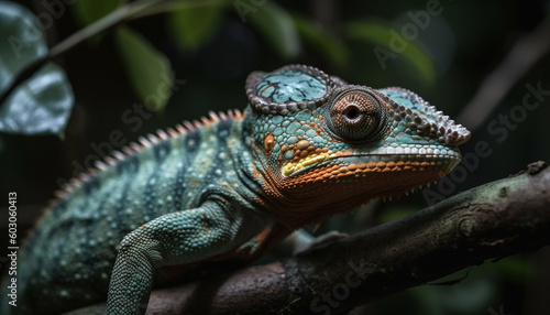 Green lizard perching on branch in forest generated by AI