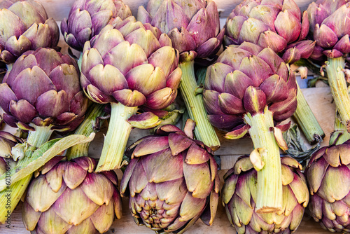 Fresh artichokes on farmer`s market, Provence, France  photo