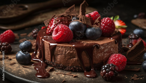 Indulgent chocolate berry dessert on rustic wood table generated by AI