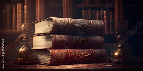 Old leather bound books on a shelf in a library Generative AI