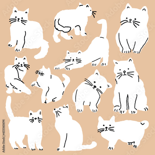 White hand drawn kitten pattern. Set of cute cat illustration isolated on background. Simple cat doodle sketch suitable for wallpaper, background, texture, paper, fabric.