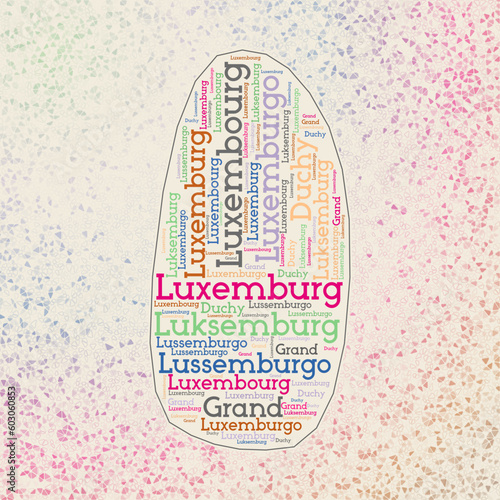 Luxembourg shape with country names word cloud in multiple languages. Luxembourg border map on elegant triangles scattered around. Radiant vector illustration.