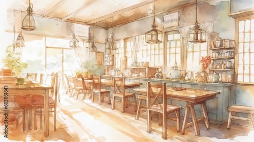 Light watercolor interior of a cozy cafe