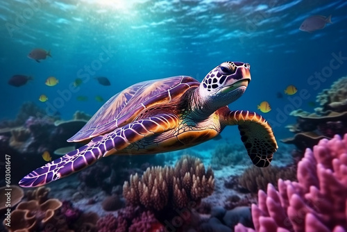 Beautiful colors and vibrant coral life surrounding swimming sea turtle, generative AI