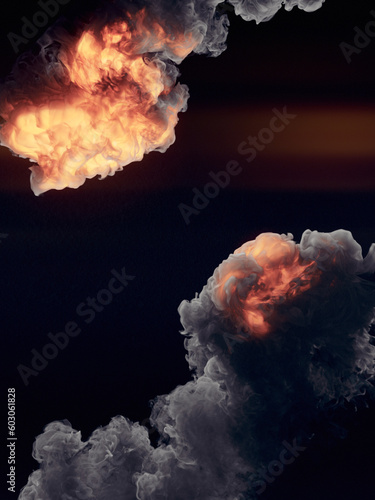 Hot fire explosion with fantastic thick smoke on dark background. 3d rendering digital illustration
