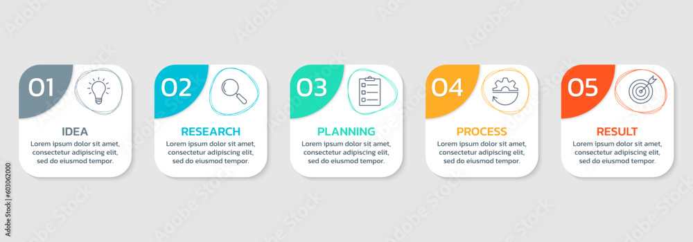 Infograph element design. 5 step infographic with business icons. Modern presentation, process diagram, timeline banner template. Vector illustration. Infograph element design. 5 step infographic with business icons. Modern presentation, process diagram, timeline banner template. Vector illustration.