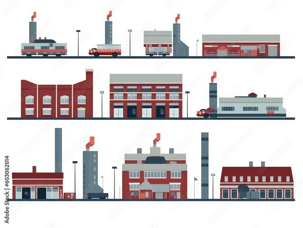 factories, industrial enterprises Collection in cartoon style illustration. set isolated on white background. generative ai