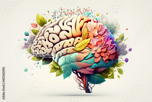 Human brain with spring colorful flowers. Concept of mental health, self care, happiness, harmony, positive thinking, creative mind. World Mental Health day. Generative ai.