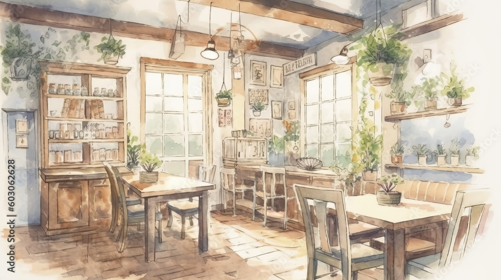 Light watercolor interior of a cozy cafe