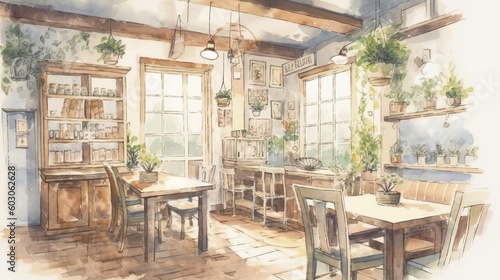 Light watercolor interior of a cozy cafe © Jardel Bassi