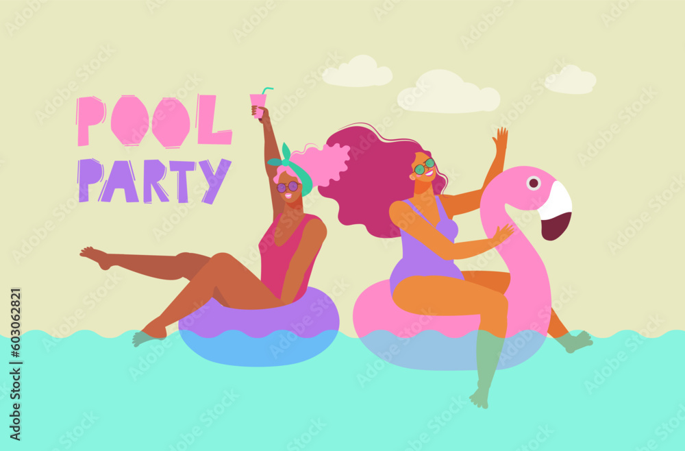 Flat vector illustration. Summer time, girls in sunglasses with long hair on swim rings in the pool. Pool party. Perfect background for posters, covers, flyers, banners. Flat vector illustration. Summer time, girls in sunglasses with long hair on swim rings in the pool. Pool party. Perfect background for posters, covers, flyers, banners.