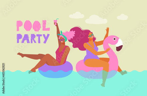 Flat vector illustration. Summer time  girls in sunglasses with long hair on swim rings in the pool. Pool party. Perfect background for posters  covers  flyers  banners.