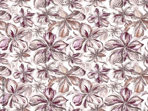 Seamless floral pattern, hand painted flowers on white background.