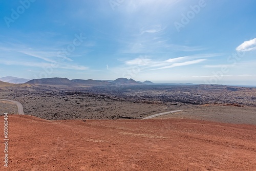 Panoramic view over the barren volcanic Timanfaya National Park on Lanzarote