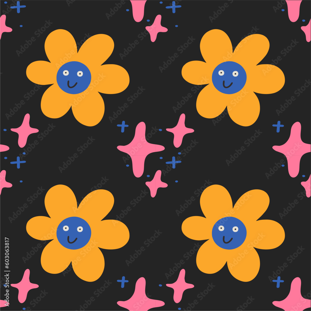 Cute funny smiling face flowers on black background seamless pattern. Vector cartoon kawaii character illustration design. Cute funny smiling face flowers on black background seamless pattern. Vector cartoon kawaii character illustration design.