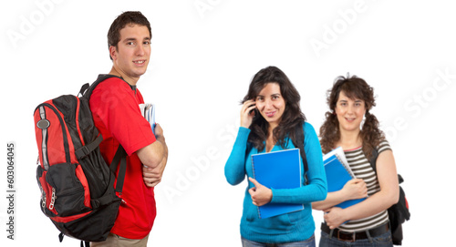 Three students with books and backpacks over a white background. Focus at front