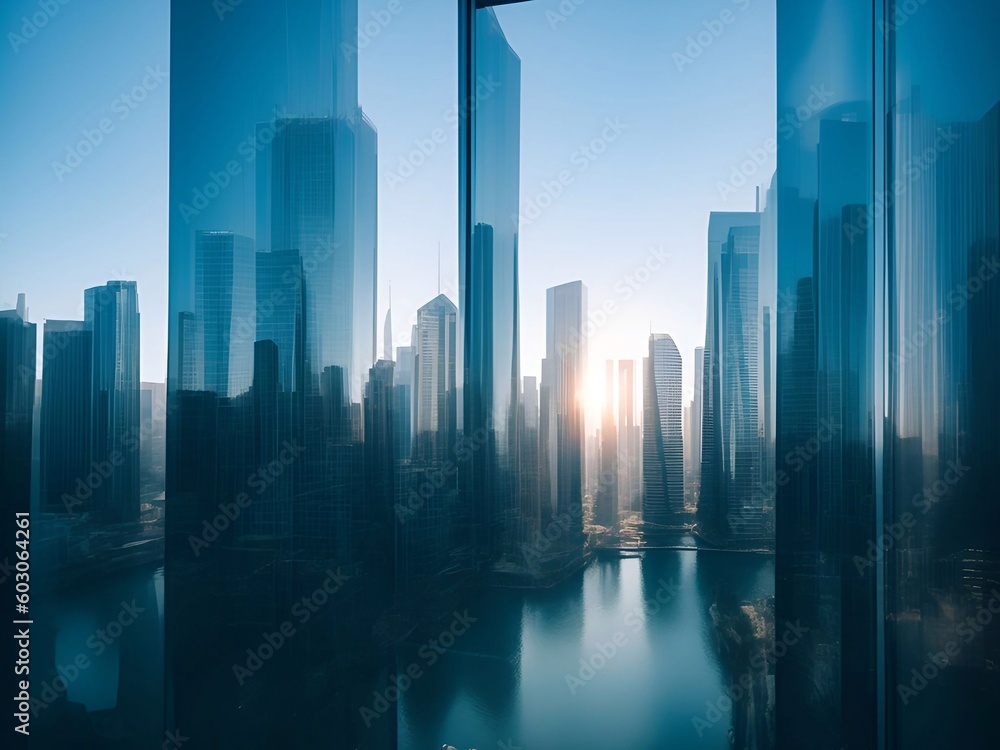 The Cityscape from the glass window tall building cinematography daylight generative AI illustration.