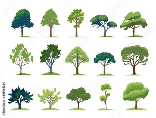 Tree Collection in cartoon style illustration. set isolated on white background. generative ai