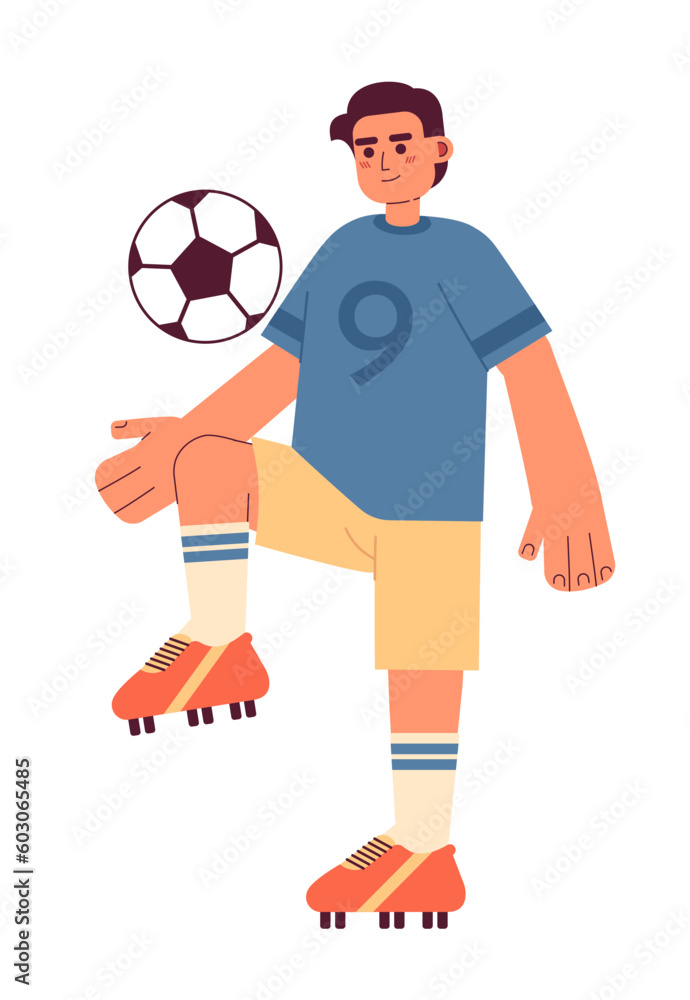 Young brazilian footballer kicking soccer ball semi flat colorful vector character. Male soccer player. Editable full body person on white. Simple cartoon spot illustration for web graphic design