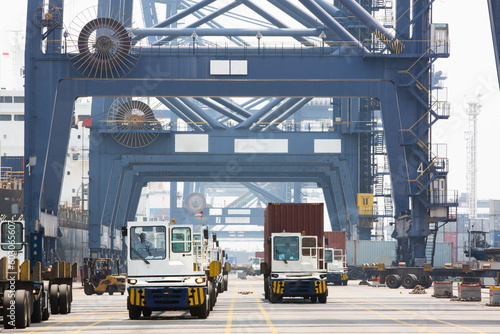 Cargo shipping port trucks photo