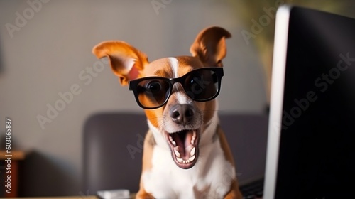 Shocked cute dog in sunglasses with open mouth works on a computer concept of Surprised and Amazed  Generative AI