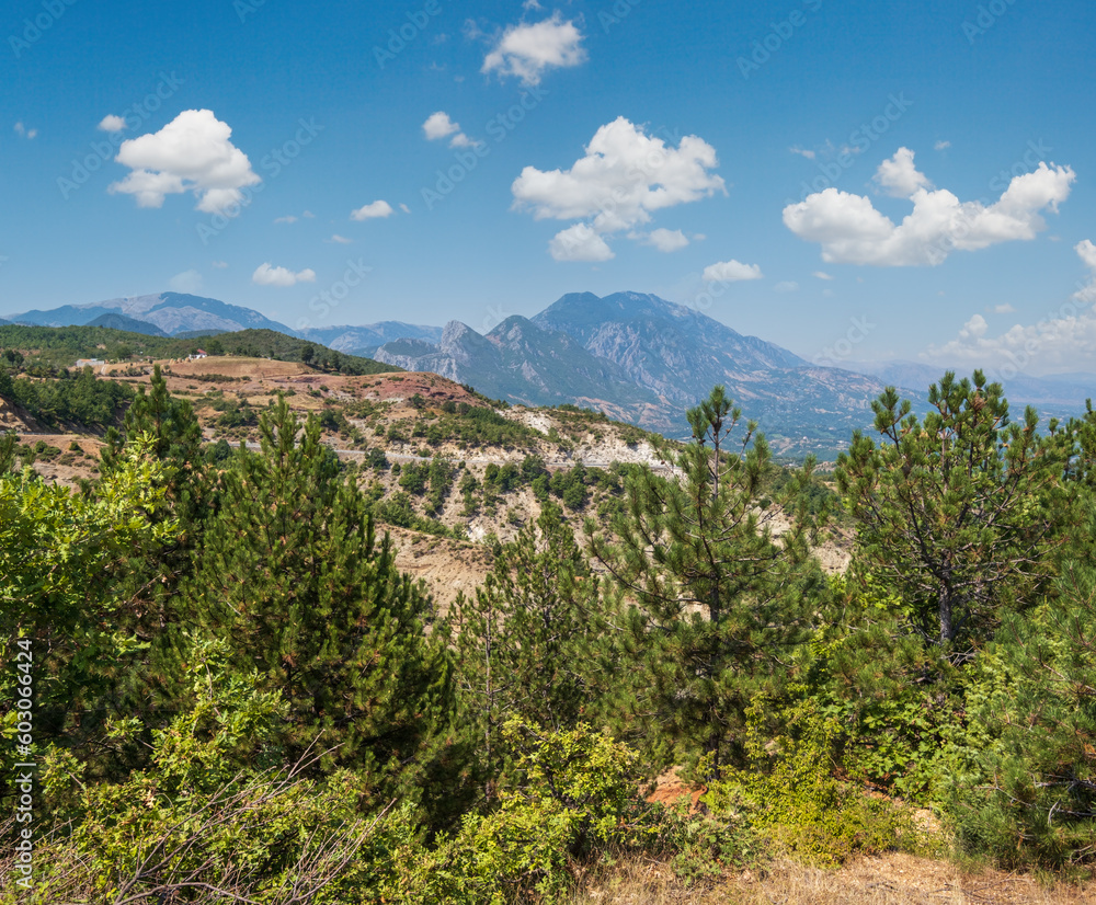 Fototapeta premium Summer Balkan mountains view from mountain road in Diber County, Albania, Europe.