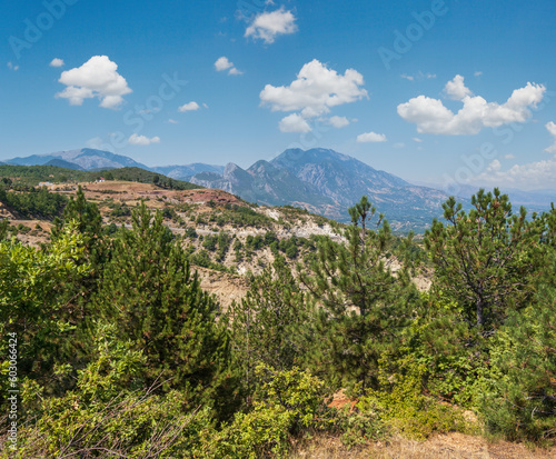 Summer Balkan mountains view from mountain road in Diber County, Albania, Europe.