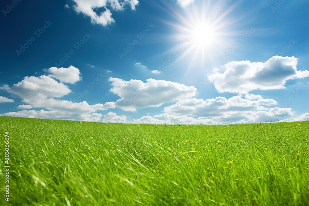 Colorful Summer Landscape: Vibrant Backdrop of Blue Skies and Green Meadow with Generative AI Colorful Summer Landscape: Vibrant Backdrop of Blue Skies and Green Meadow with Generative AI