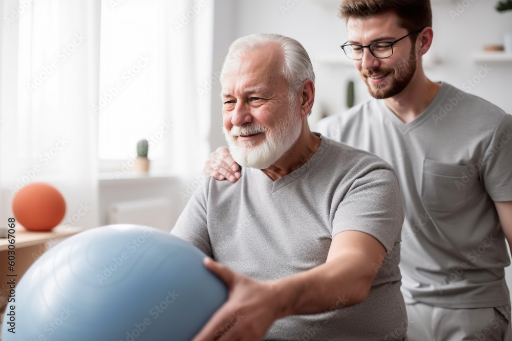 A man holding a blue ball while another man looks on A man holding a blue ball while another man looks on