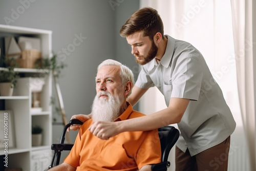 A man in an orange shirt is helping a man in a wheelchair
