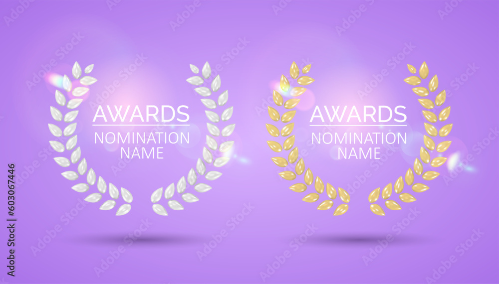 Laurel wreaths. Gold and silver 3D awards set. First and second place. Victory and achievement. Minimalist style. Vector Illustration. Laurel wreaths. Gold and silver 3D awards set. First and second place. Victory and achievement. Minimalist style. Vector Illustration.