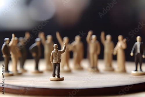 Engaging Business Figurine Board: Businessman Orchestrating Collaborative Activism with Detailed Crowd Scenes. Created with generative AI tools