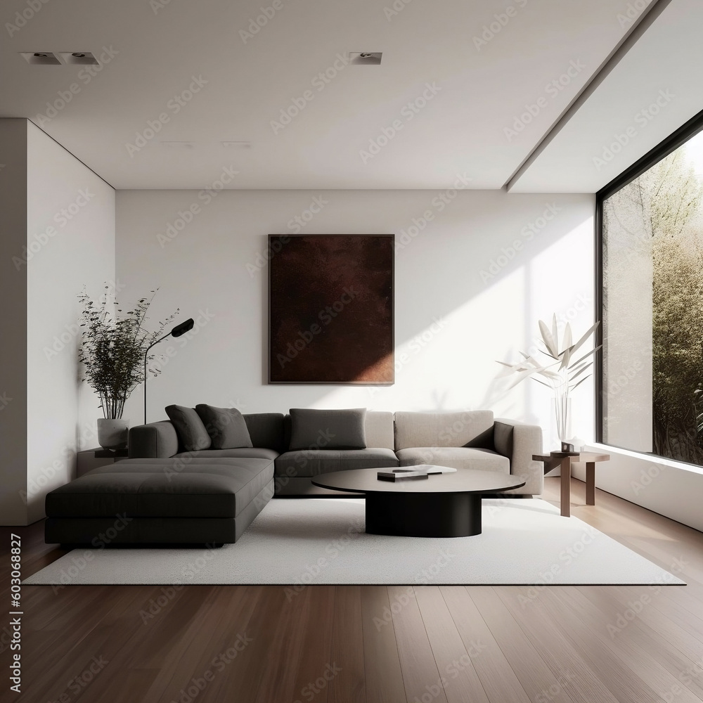 Modern and serene minimalist living room with a neutral color palette, generative AI